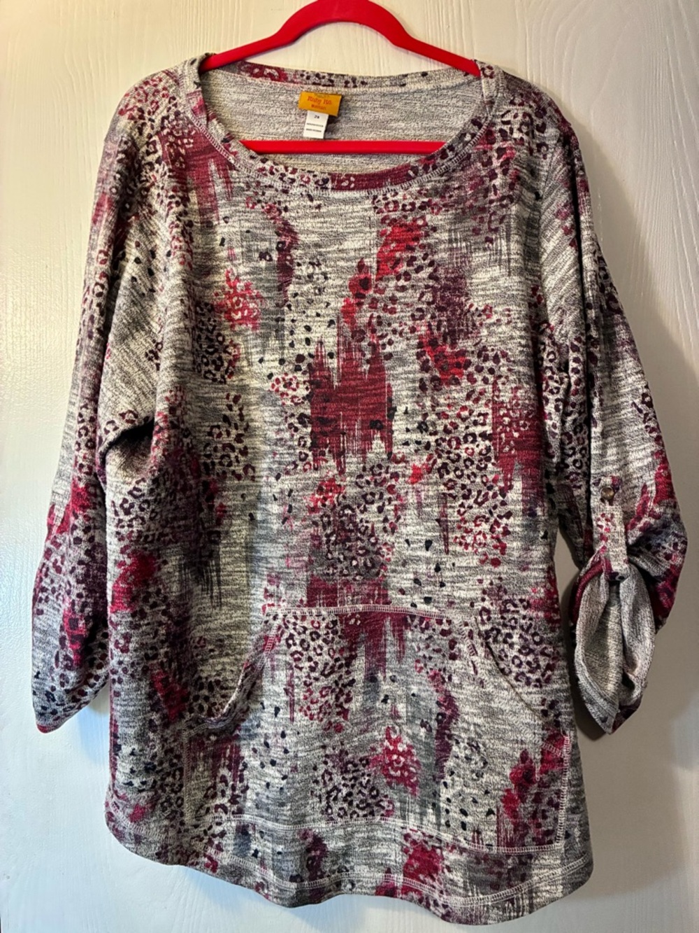 Ruby Rd. Gray and Burgundy Abstract Animal Print Pullover
